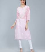 Pink embroidered cotton long-kurtis