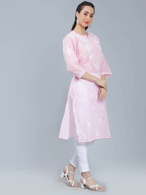 Pink embroidered cotton long-kurtis 2