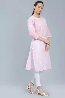 Pink embroidered cotton long-kurtis