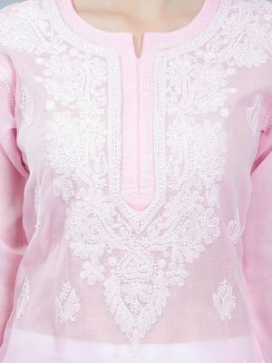 Pink embroidered cotton long-kurtis 3