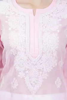 Pink embroidered cotton long-kurtis