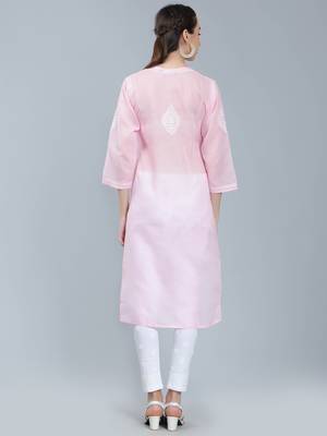 Pink embroidered cotton long-kurtis 4