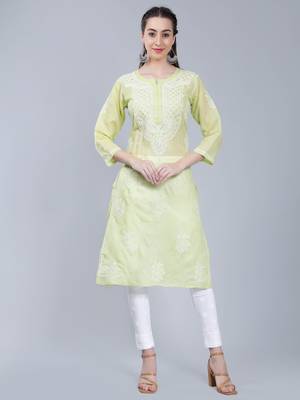 Green embroidered cotton long-kurtis 1