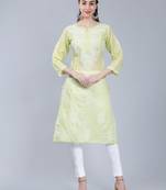 Green embroidered cotton long-kurtis