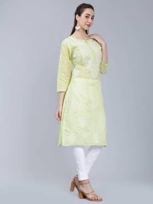 Green embroidered cotton long-kurtis 2