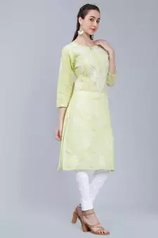 Green embroidered cotton long-kurtis
