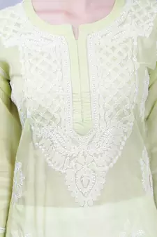Green embroidered cotton long-kurtis