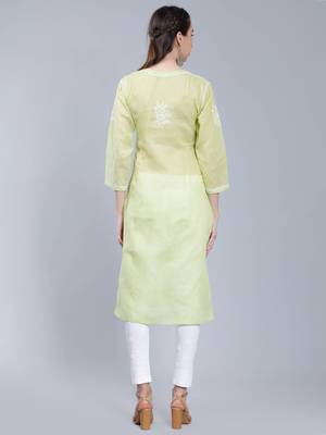 Green embroidered cotton long-kurtis 4