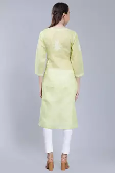 Green embroidered cotton long-kurtis