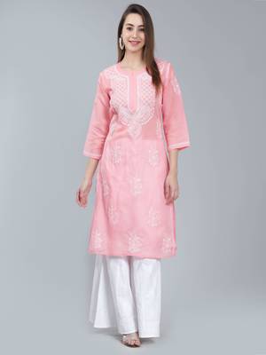 Peach embroidered cotton long-kurtis 1