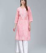 Peach embroidered cotton long-kurtis