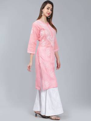 Peach embroidered cotton long-kurtis 2