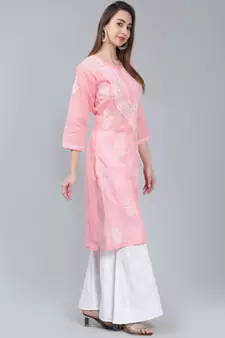 Peach embroidered cotton long-kurtis