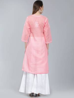 Peach embroidered cotton long-kurtis 4