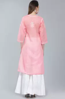 Peach embroidered cotton long-kurtis