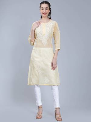 Beige embroidered cotton long-kurtis 1
