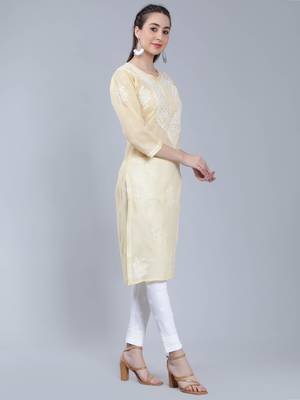 Beige embroidered cotton long-kurtis 2