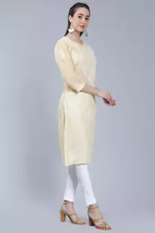 Beige embroidered cotton long-kurtis