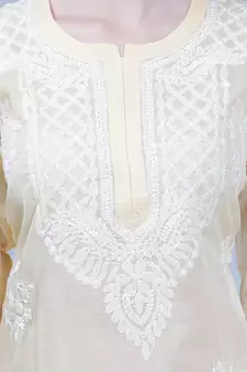 Beige embroidered cotton long-kurtis