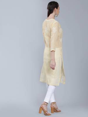 Beige embroidered cotton long-kurtis 4