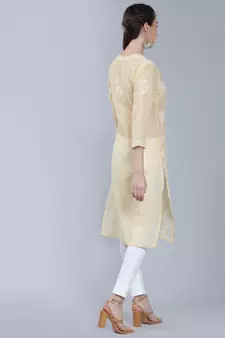 Beige embroidered cotton long-kurtis