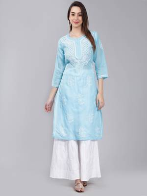 Blue embroidered cotton long-kurtis 1