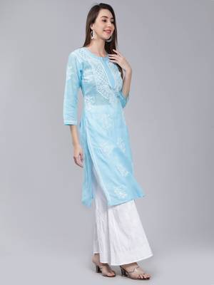 Blue embroidered cotton long-kurtis 2