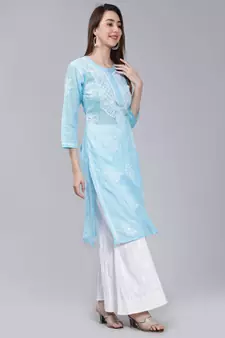 Blue embroidered cotton long-kurtis