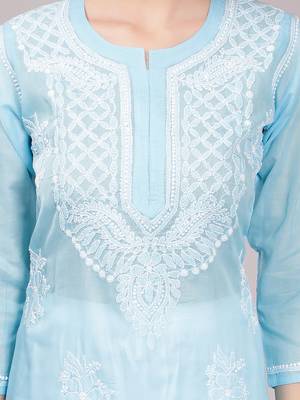 Blue embroidered cotton long-kurtis 3