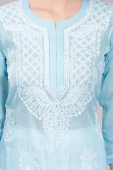 Blue embroidered cotton long-kurtis