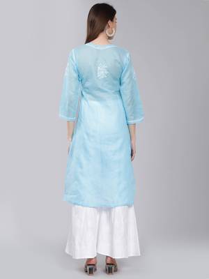 Blue embroidered cotton long-kurtis 4