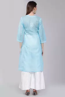 Blue embroidered cotton long-kurtis