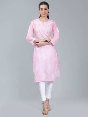 Pink embroidered cotton long-kurtis 1