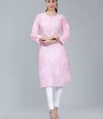 Pink embroidered cotton long-kurtis