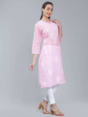Pink embroidered cotton long-kurtis 2
