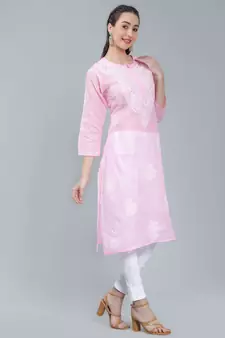 Pink embroidered cotton long-kurtis