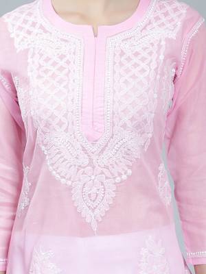 Pink embroidered cotton long-kurtis 3