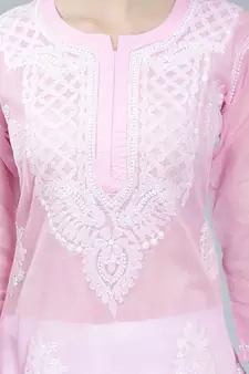 Pink embroidered cotton long-kurtis
