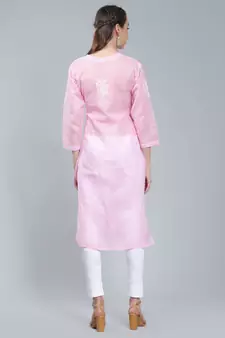 Pink embroidered cotton long-kurtis