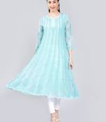 Green embroidered cotton long-kurtis
