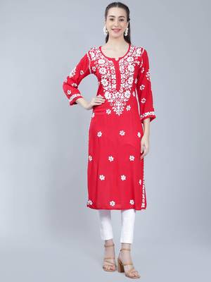 Red embroidered rayon long-kurtis 1