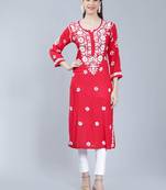 Red embroidered rayon long-kurtis