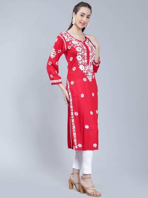 Red embroidered rayon long-kurtis 2