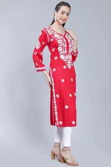 Red embroidered rayon long-kurtis