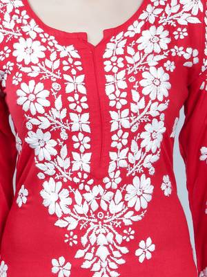 Red embroidered rayon long-kurtis 3