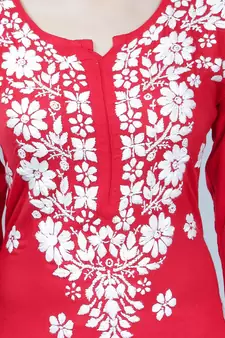 Red embroidered rayon long-kurtis