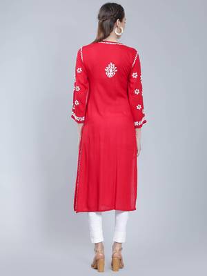 Red embroidered rayon long-kurtis 4