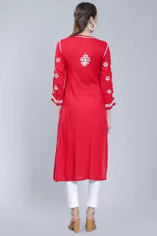 Red embroidered rayon long-kurtis