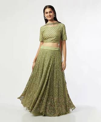 Teal Green Embroidered Net Lehenga Set 1