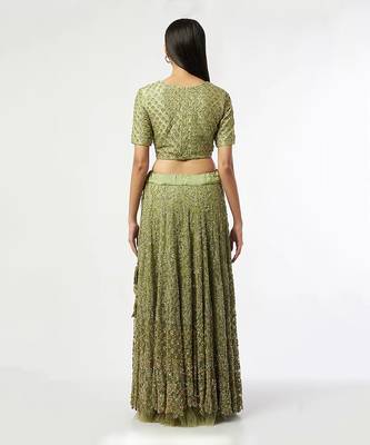 Teal Green Embroidered Net Lehenga Set 2
